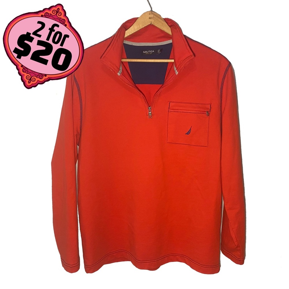 🎉2/$20 Nautica Mens Large Collared LongSleeve Zipper Polo Bright Red Golf Shirt